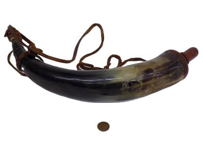 GRIZZLEY BEAR SCRIMSHAW BUFFALO POWDER HORN: Antique Powder Horn. Detailed Standing Grizzley Bear Scrimshaw Folk Art. Carved Wooden Cap. Leather Carrying Strap. Total Length 13"