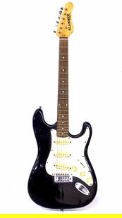 HAMER SLAMMER STRATOCASTER ELECTRIC GUITAR: Hamer Slammer Stratocaster Electric Guitar. Black Paint with Pearloid Pick Guard. Triple Pick Ups and Control Knobs. 5 Way Tone Switch. Rosewood Fingerboard with Maple Neck and Chrome Tuners. Tremelo