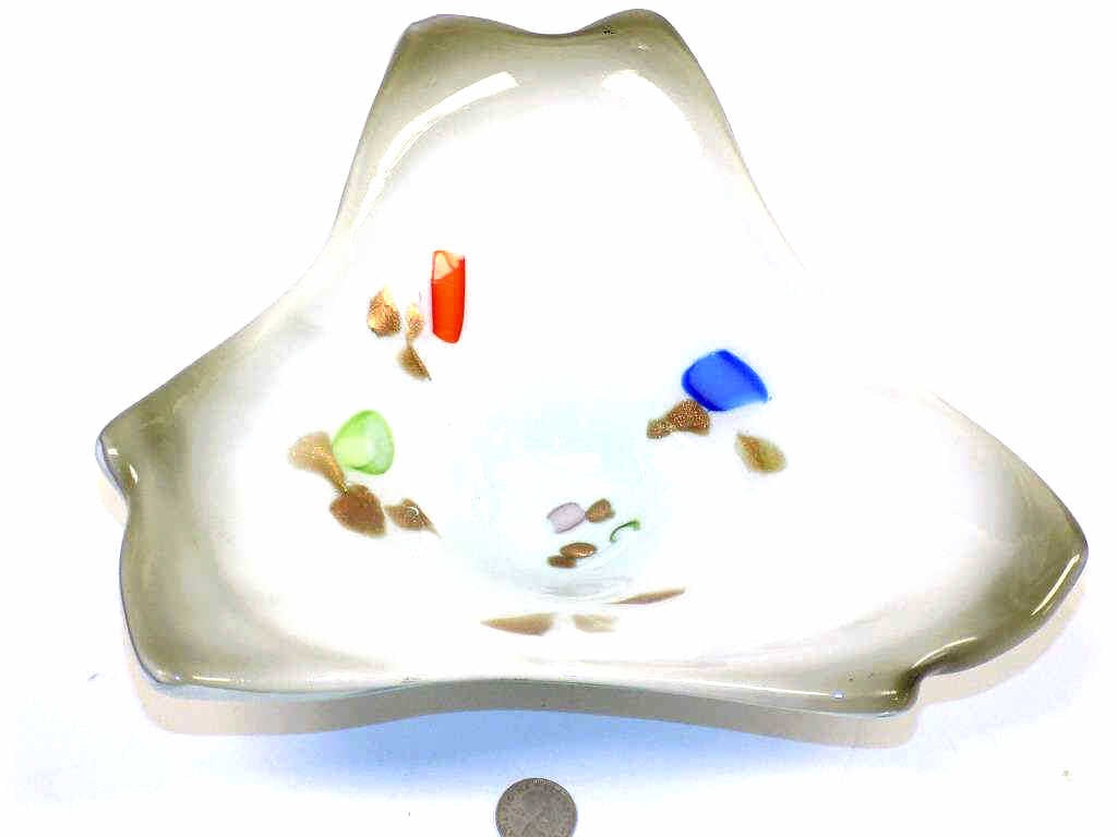 MIDCENTURY MURANO ART GLASS BOWL: Midcentury Murano Art Glass Bowl. Triform with Multi Color Including Gold Glitter. Height 3.50" x Length 10.50"
