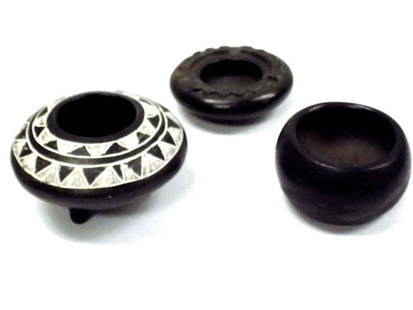 NATIVE AMERICAN INDIAN POTTERY BOWLS: 2 Native American Indian Pottery Bowls along with an Ashtray. Eagle Feather Decoration.