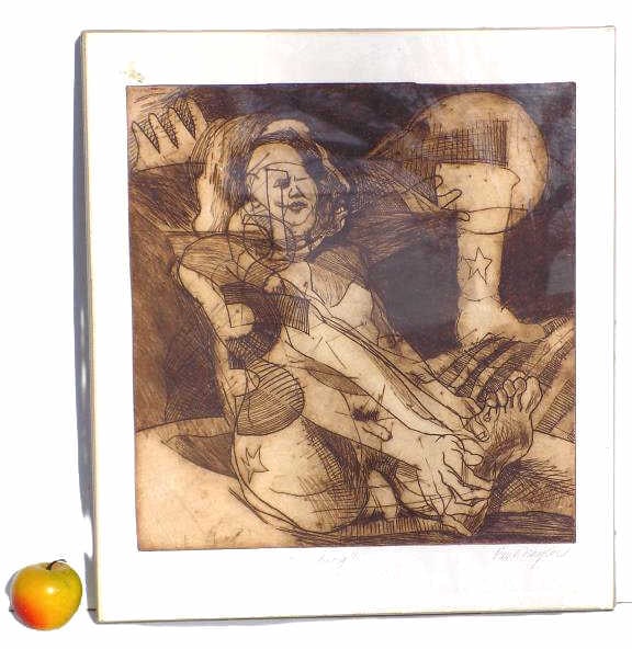 PAUL NAYLOR - ABSTRACT NUDE SIGNED ETCHING: Paul Naylor American New York 20th Century - Large Midcentury Abstract of a Nude Male Entitled It Ching. Artist Hand Numbered, Titled and Signed Lower Margin. Modern Lucite Frame 20" x 22.50" One of T
