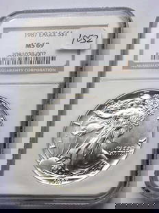 US MINT 1987 SILVER EAGLE DOLLAR NGC MS 69: United States Mint 1987 Silver Eagle $1 Dollar Coin. Walking Liberty Obverse, Heraldic Eagle Reverse. 1 Oz Fine Silver. NGC Sealed & Graded MS 69