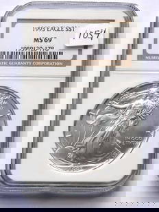 US MINT 1993 SILVER EAGLE DOLLAR NGC MS 69: United States Mint 1993 Silver Eagle $1 Dollar Coin. Walking Liberty Obverse, Heraldic Eagle Reverse. 1 Oz Fine Silver. NGC Sealed & Graded MS 69