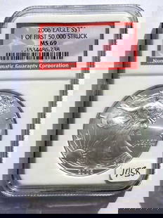 US MINT 2006 FIRST STRIKE SILVER EAGLE NGC MS 69: United States Mint 2006 First Strike Silver Eagle $1 Dollar Coin. Walking Liberty Obverse, Heraldic Eagle Reverse. 1 Oz Fine Silver. NGC Sealed & Graded MS 69