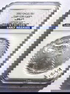 US MINT 2007 EARLY RELEASE SILVER EAGLE NGC MS 69: United States Mint 2007 Early Release Silver Eagle $1 Dollar Coin. Walking Liberty Obverse, Heraldic Eagle Reverse. 1 Oz Fine Silver. NGC Sealed & Graded MS 69