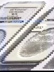 US MINT 2007 W EARLY RELEASE SILVER EAGLE NGC MS70: United States West Point Mint 2007 W Early Release Silver Eagle $1 Dollar Coin. Walking Liberty Obverse, Heraldic Eagle Reverse. 1 Oz Fine Silver. NGC Sealed & Graded MS 70