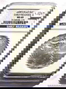 US MINT 2008 EARLY RELEASE SILVER EAGLE NGC MS 69: United States Mint 2008 Early Release Silver Eagle $1 Dollar Coin. Walking Liberty Obverse, Heraldic Eagle Reverse. 1 Oz Fine Silver. NGC Sealed & Graded MS 69