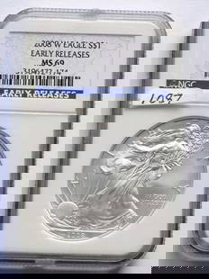 US MINT 2008 W EARLY RELEASE SILVER EAGLE NGC MS69: United States West Point Mint 2008 W Early Release Silver Eagle $1 One Dollar Coin. Walking Liberty Obverse, Heraldic Eagle Reverse. 1 Oz Fine Silver. NGC Sealed & Graded MS 69