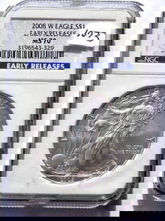 US MINT 2008 W EARLY RELEASE SILVER EAGLE NGC MS70: United States West Point Mint 2008 W Early Release Silver Eagle $1 Dollar Coin. Walking Liberty Obverse. Heraldic Eagle Reverse. 1 Oz Fine Silver. NGC Sealed & Graded MS 70
