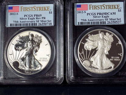 US MINT 2012 AMERICAN EAGLE SILVER COINS PSGS MS69: United States San Francisco Mint 75th Anniversary First Strike 2012 American Eagle 2 Coin Silver Proof Set. Reverse Proof 69 and Deep Cameo Proof 69. PCGS Graded & Sealed. New with Box & COA