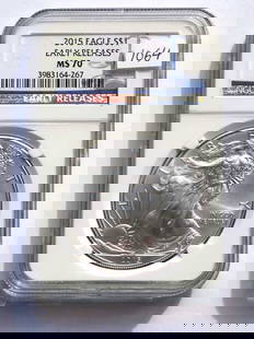 US MINT 2015 EARLY RELEASE SILVER EAGLE NGC MS 70: United States Mint 2015 Early Release Silver Eagle $1 Dollar Coin. Walking Liberty Obverse, Heraldic Eagle Reverse. 1 Oz Fine Silver. NGC Sealed & Graded MS 70