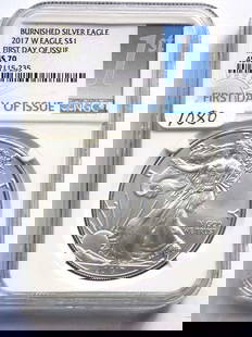 US MINT 2017 W BURNISHED SILVER EAGLE NGC MS 70: United States West Point Mint 2017 W Burnished Silver Eagle $1 One Dollar Coin. First Day of Issue. Walking Liberty Obverse, Heraldic Eagle Reverse. 1 Oz Fine Silver. NGC Sealed & Graded MS 70