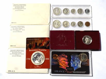 US MINT ASSORTED COINS INCLUDING SILVER PROOFS: United States Mint Assorted Coin Group. Including 1965,1968, 1970 Proof Sets, 1943S and 1945 Encased Coins including Walking Liberty Half Dollars, Washington Quarters, Mercury Head Dimes, Jefferson Ni