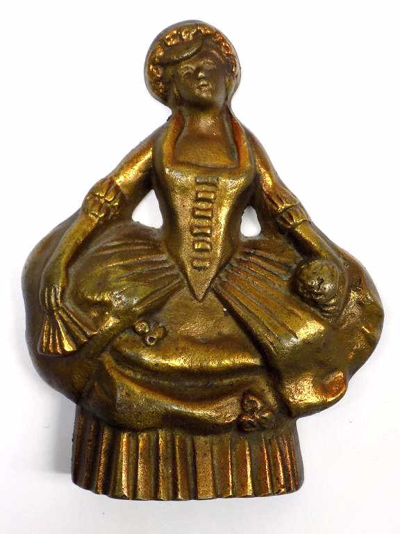 VICTORIAN MAIDEN BRONZE DOORSTOP: Antique Victorian Maiden Holding Fan and Flower Bouquet. Gilt Bronze Doorstop.5" x 6.50"