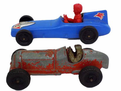 VINTAGE 1950'S TOY RACE CARS AURORA HUBLEY: Vintage 1950's Toy Race Cars. Including Blue Aurora Plastics Company with Mobil Pegasus Sticker and Hubley Steel with Cast Iron Driver. Lengths 9"and 7"