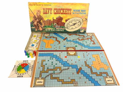 VINTAGE WALT DISNEY DAVY CROCKETT TOY BOARD GAME: Vintage Gabriel 1960's Walt Disney Official Davy Crockett Toy Rescue Board Game. With Real Compass and Game Pieces. Box as is.