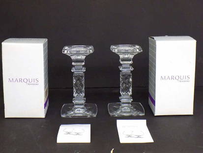 WATERFORD CRYSTAL MARQUIS PILLAR CANDLESTICKS: Pair of Waterford Crystal Glass Pillar Candlesticks. Marquis Brixton Pillar Design. Signed Bases. Height 8" With Papers and Boxes