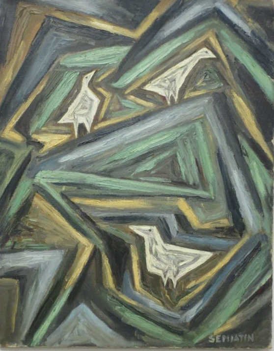 JACOB SEMIATIN - MODERN ABSTRACT BIRDS PAINTING: Jacob Semiatin American 1915-2003 Modern Abstract birds oil painting on canvas. H 22" x L 28". Provenance: Family estate. Exhibited artist who's works have sold through Sotheby's N.Y. An early express