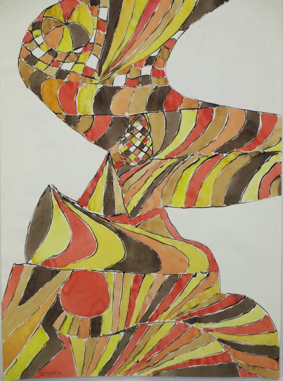 JACOB SEMIATIN - MODERN ABSTRACT WATERCOLOR: Jacob Semiatin American 1915-2003 - Modern abstract watercolor in the style of Calder . Signed lower right. Strathmore insignia. H 22" x L 30" Jacob Semiatin was born to Hungarian Jewish parents in Du