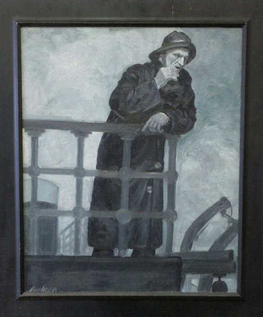SEAMAN IN A STORM ILLUSTRATION PAINTING: Seaman in a storm illustration oil painting on canvas. Seaman aboard ship. Signed lower left. H 28" x L 23"