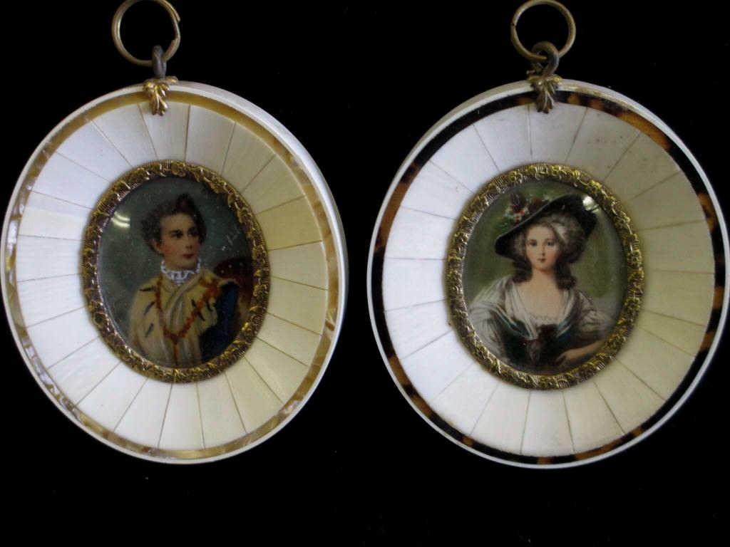 JOSEF STIELER IVORY PORTRAIT PAINTINGS: Josef Stieler 19th Century German pair portrait paintings on Ivory . Ivory frames with tortoise shell & pearl borders. Konig Ludwig II von Bayern nach & Mme. Elisabeth von Frankreich. H 3.50" x L 3.25