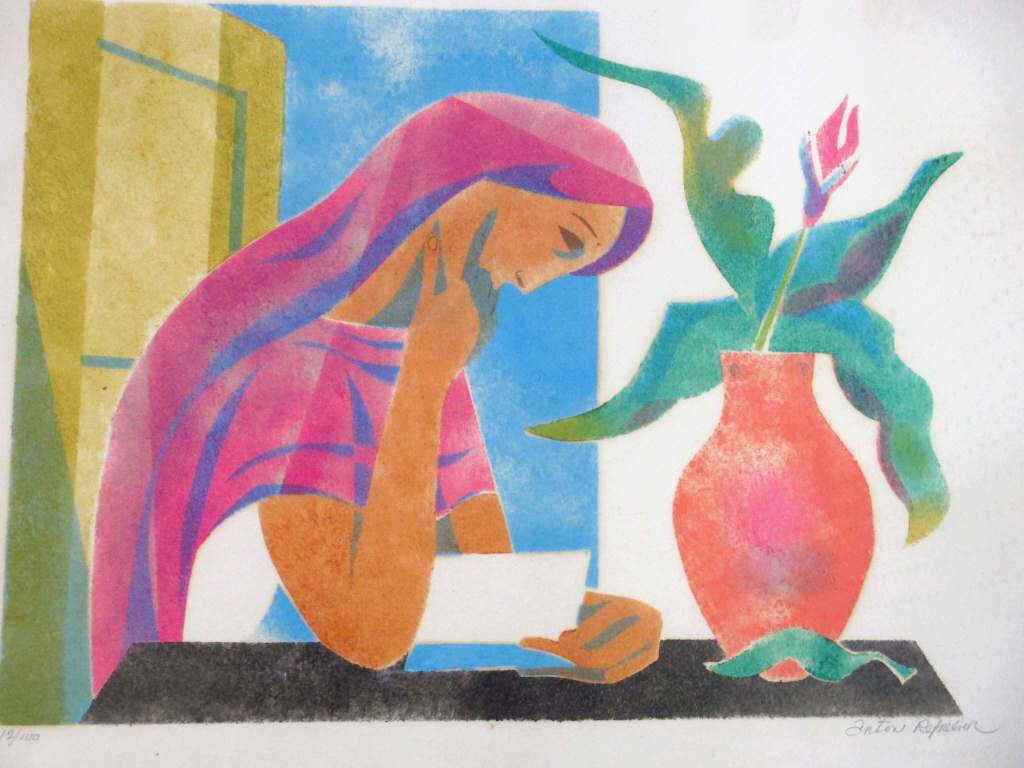 ANTON REFREGIER - PENSIVE LADY LITHOGRAPH: Anton Refregier - Russian American 1905-1979 - Seated lady reading at a table with vased flower. Rare Lithograph in vibrant color / condition . #12/100 pencil signed lower right. H 17" x L 20" matted