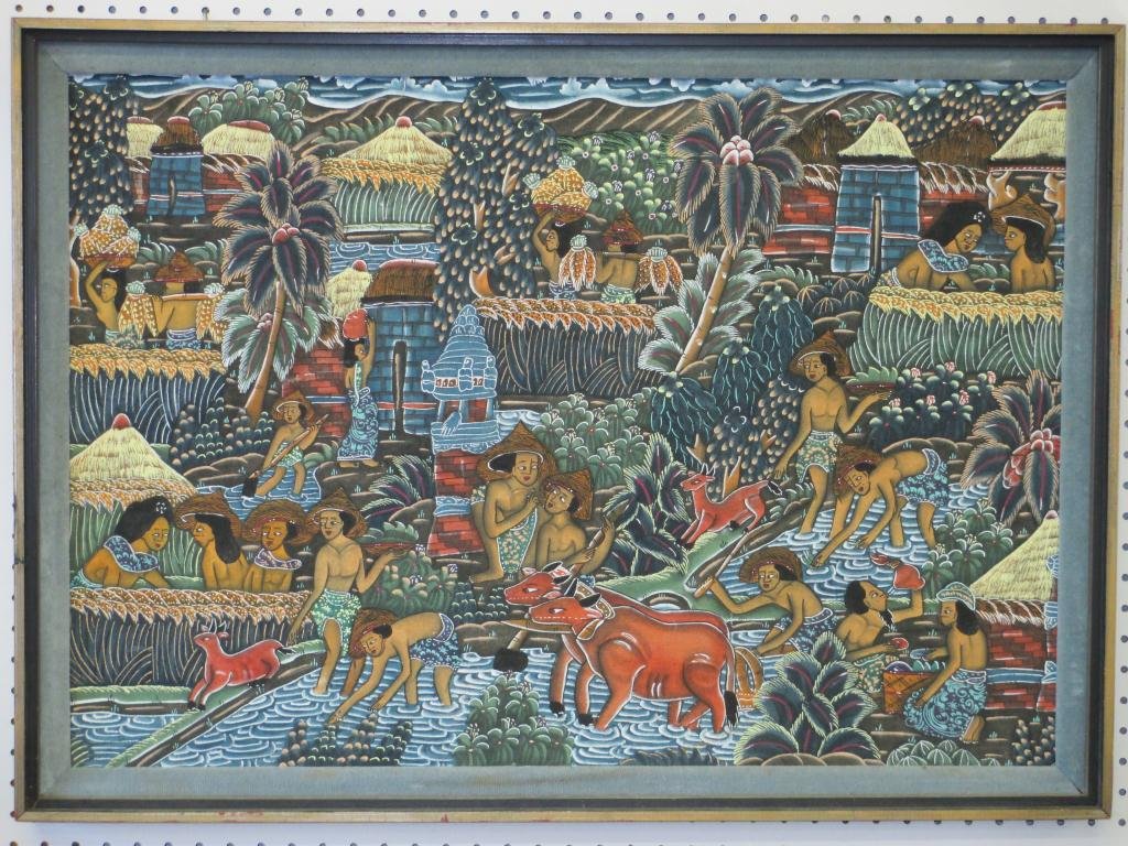 19TH C. INDONESIAN POLYNESIAN FOLK ART PAINTING: 19th Century Indonesian Polynesian Folk Art oil painting on cloth. H 22" x L 32"