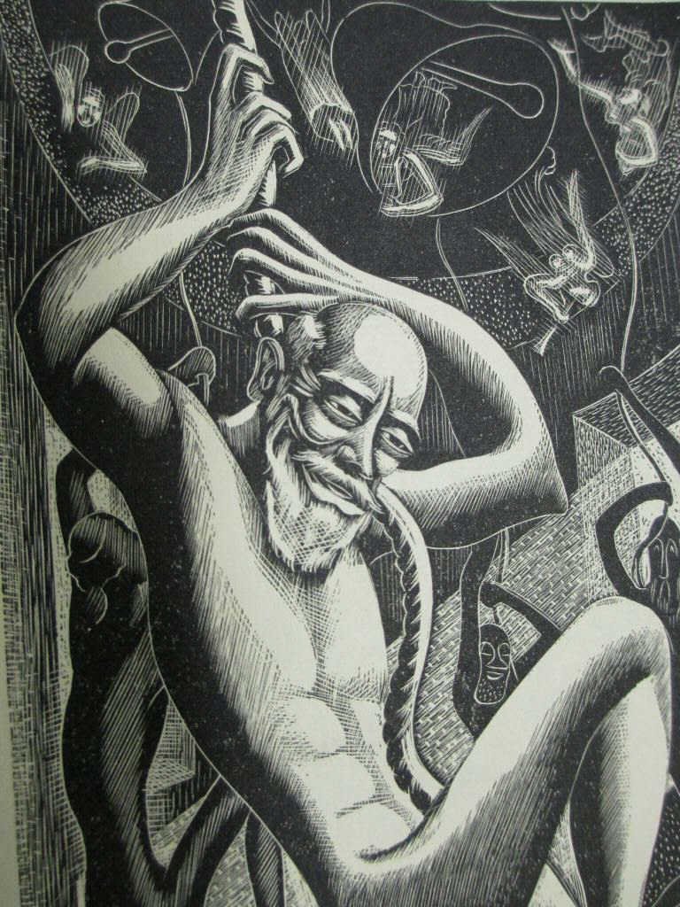 UNDERWOOD - SIMIAN ECSTASY WOODBLOCK PRINT: Leon Underwood - British 1890-1975- " Simian Ecstasy " woodblock print. pencil titled, dated 1933 & signed by the artist. LIMITED EDITION of 250. H 13" x L 8.50".