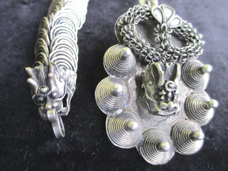 ANTIQUE SILVER DRAGON BRACELET & HAIR ORNAMENT: Antique Thailand silver dragon bracelet & hair ornament with exceptional detail. Same maker. Approxmately L 7"