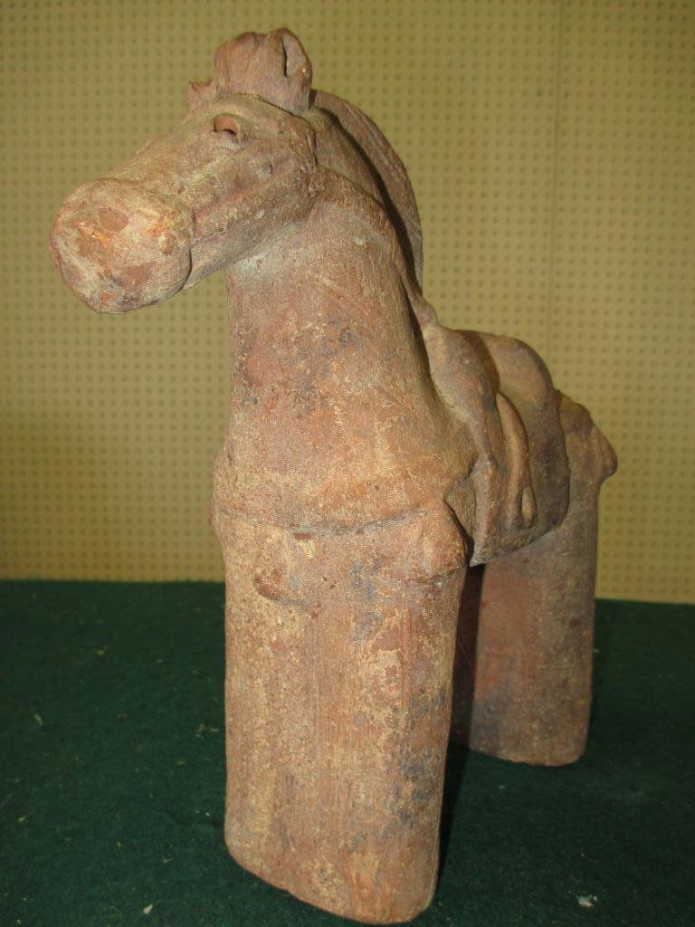 18TH C. JAPANESE HANIWA TERRA COTTA HORSE FIGURE: 18th Century Japanese Haniwa red clay terra cotta pottery horse figure. H 8.50" W 8"