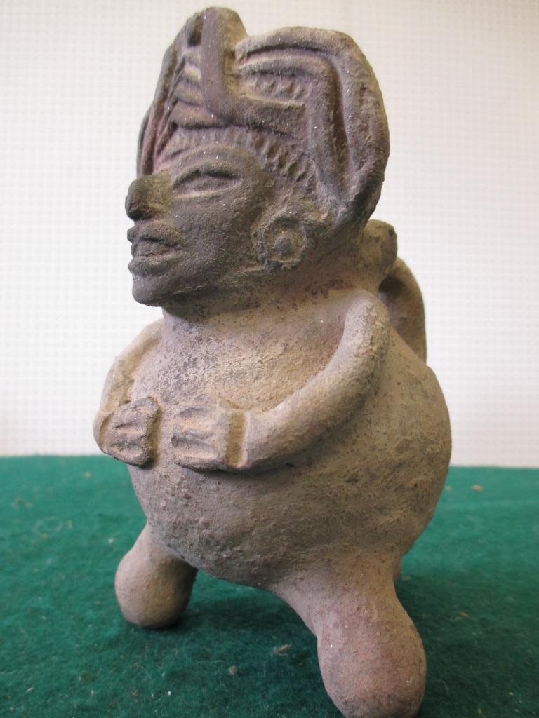 PRECOLUMBIAN AQUAMANILES DOG & FIGURAL MAN: Precolumbian 1) Tripod figural man aquamanile figural head H 5.50" x L 4" 2) Neolithic Dog form aquamanile . H 4" x L 6"