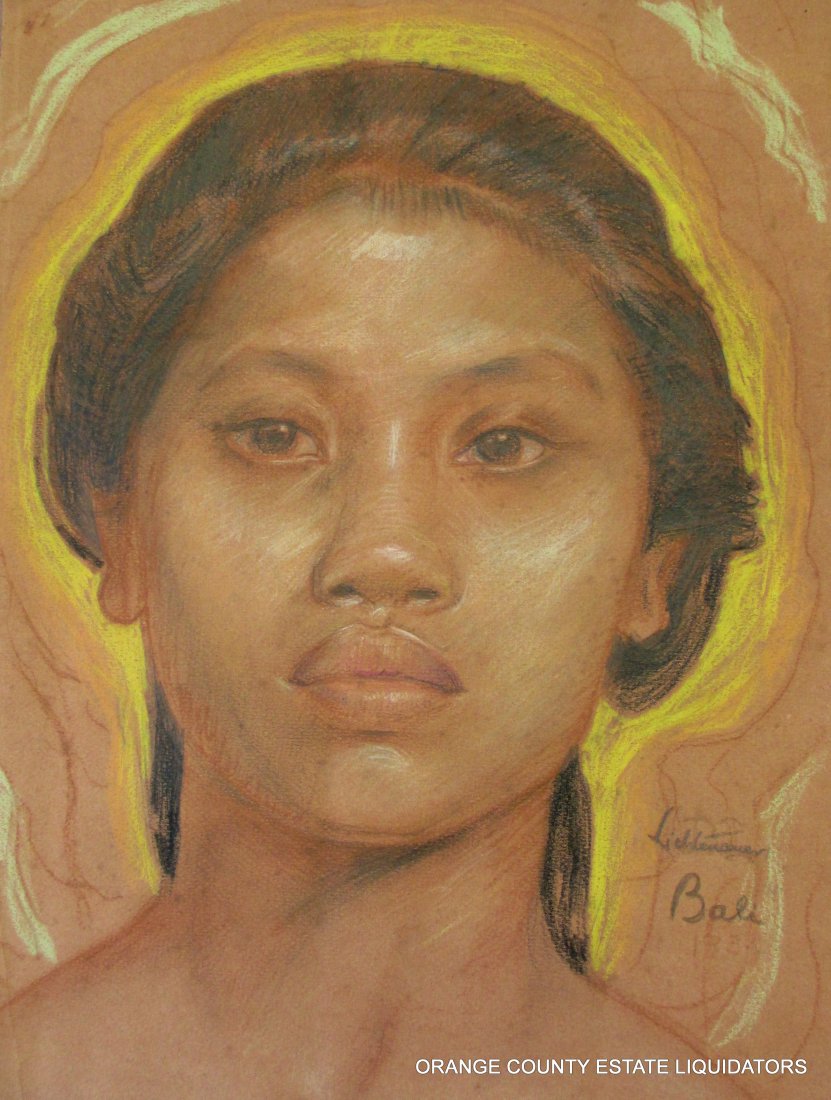 LICHTENAUER - YOUNG BALINESE PASTEL & GRAPHITE: J.W. LICHTENAUER - 1934 pencil & pastel painting entitled "Young Balinese" girl signed & dated lower left en verso. H 15.50 x L 11.50