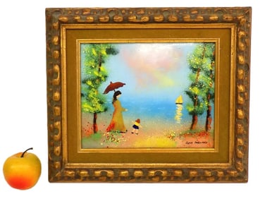RENE BERNARD - MOTHER & CHILD SEASIDE PAINTING