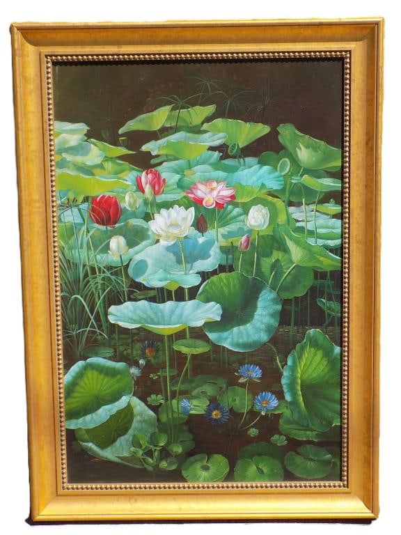 AFTER OTTO DIDRIK OTTESEN - LILY POND PAINTING: After Otto Didrik Ottesen - Denmark 1816-1892 - Big Lily Pond Painting. Oil on Canvas. Gorgeous Gold Gilt Frame Height 42" x Width 2" x Length 30" 9 lbs