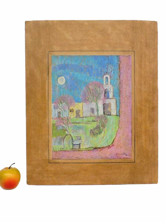 H. JOY LAVILLE - ABSTRACT MISSION PAINTING: H. Joy Laville - H. Joy Laville British / Mexico b. 1923 - Abstract Mexican Mission Painting. Oil on Paper. Signed and Dated 1980 Lower Right. 9.50" x 12.25" 19.50" x 16" Matted Late Award Winning Art