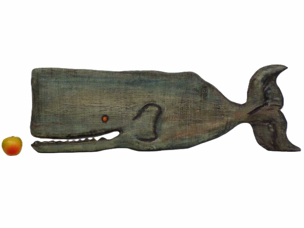 EDWARD KENNEDY - JONAH THE WHALE FOLK ART CARVING: Edward Kennedy American 20th Century - 1950's American Folk Art Jonah The Whale Carving. Hand Painted Pine Wood with Marble Glass Eye. 1o" x 35.50"