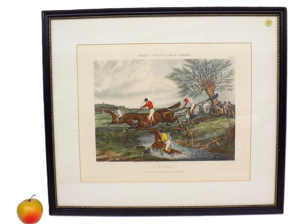 HENRY ALKEN - THE BROOK SPORTING ENGRAVING: Henry Thomas Alken English 1785-1851 - Messrs Fores Publishing London 1848 - The Brook The Pace & Pluck Clears It Gallantly Color Engraving by J. Harris. Fores's Steeple Chase Scenes Sporting Print. P