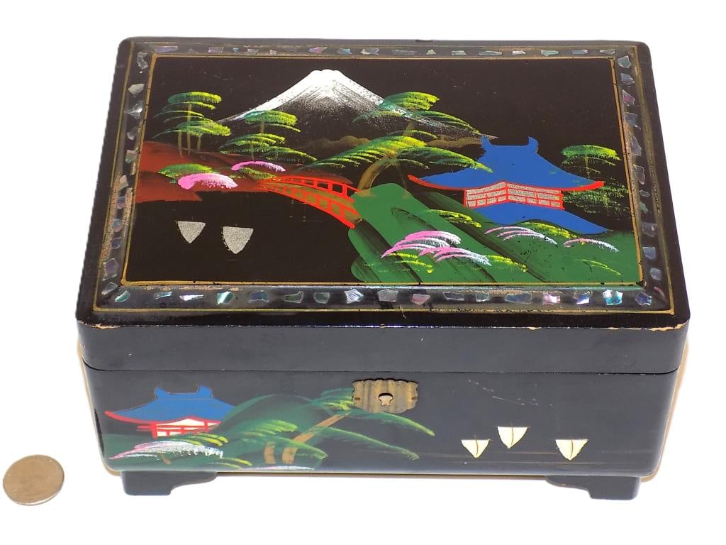 JAPANESE PAINTED JEWELRY MUSIC BOX w/ JADE: Antique Japanese Black Lacquered Jewelry Music Box. Hand Painted Landscape Scene with Mount Fuji. Surrounding Abalone Inlay Border. Painted Inside Mirror and Double Compartments. Key Wind Music Box In