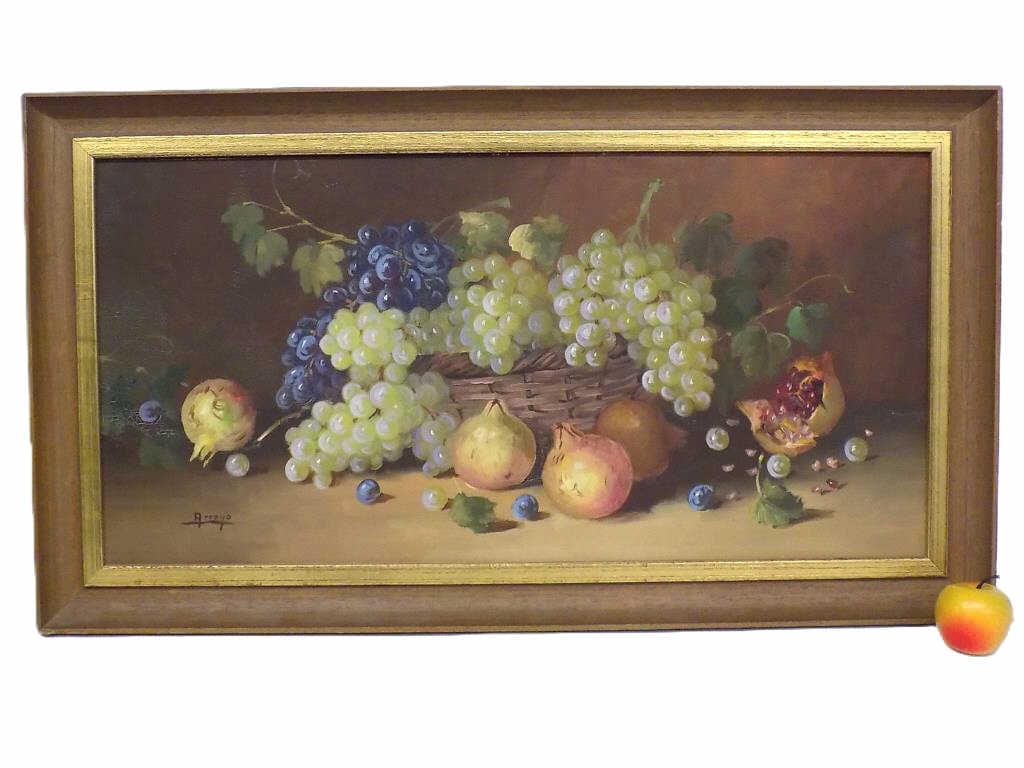 ARROYO - FRUIT BASKET STILL LIFE PAINTING: Arroyo - Mid 20th Century - Fruit basket still life painting with grapes and pomegranates. Oil on canvas. Signed lower left. 20" x 2" x 35.50" gilt bordered teak frame 5 lbs