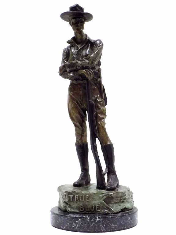 CARL KAUBA - ARMY SOLDIER BRONZE w/ FOUNDRY MARK: Carl Kauba - Austrian 1865-1922 - American Army Rifleman Cold Painted Bronze Statue Entitled True Blue. World War I Soldier Leaning on M1 Rifle. National Security League New York Foundry Mark With Sig