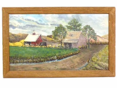 AMERICAN COUNTRY FARM PAINTING SIGNED E.R.