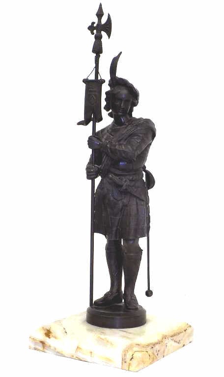 19TH CENTURY SCOTTISH WARRIOR BRONZED STATUE: 19th Century Victorian Scottish Warrior Bronzed Statue. Dressed with Swords and Grasping a Halberd. Total Height 17" (1" Onyx Base) Warm Patina