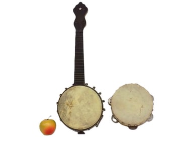 ANTIQUE BANJO AND TAMBOURINE MUSICAL INSTRUMENTS