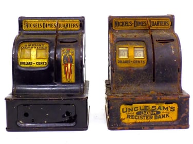 2 UNCLE SAM'S 3 COIN TIN TOY REGISTER BANKS