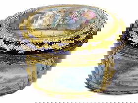 EXCEPTIONAL SEVRES PORCELAIN JEWELRY BOX 1768 MARK: Exceptional Sevres French Porcelain Jewelry Vanity Box. Detailed Hand Painted Scenes with Figures and Landscapes. Cobalt Blue Ground with Gold Gilt Floral and Swag Borders. Base Mark with Letter P. 4"