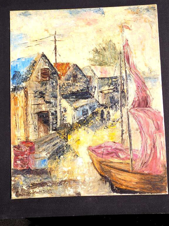 ARTHUR DIEHL - CONCH KEY HARBOR PAINTING: Arthur Diehl - American New York Massachusetts 1870-1929 - Impressionist Painting Entitled Conch Key. Oil on Artist Board. Depicting a Harbor Village with Boats and Figures. Signed Lower Left. 16" x 2