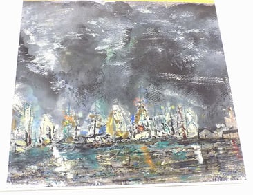 MIDCENTURY ABSTRACT HARBOR WATERCOLOR