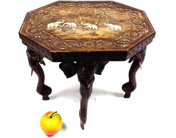 INDIAN WOOD ELEPHANT STAND BONE INLAY