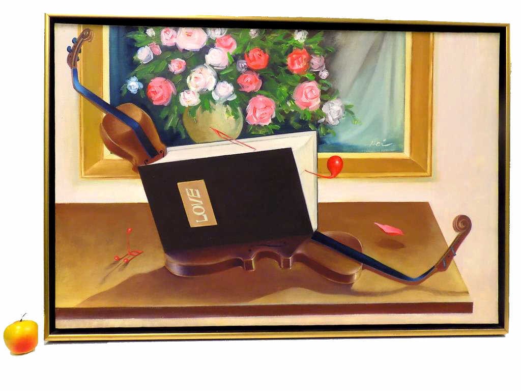 FERJO - HOMMAGE TO HOI TROMPE L'OEIL PAINTING: Ferjo - Fernando DeJesus Oliveira Brazillan American 20th Century Trompe L'oeil Table Still Life Painting. Hommage to Yingchan Hoi Depicting Violins and The Book of Love. Original Oil on Canvas. Gold