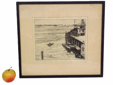 CHARLES WOODBURY - BOATS AT HARBOR SIGNED ETCHING